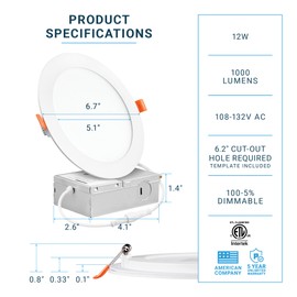PARMIDA (12 Pack) 6 Inch Ultra-Thin LED Recessed Ceiling Light with Junction Box, 12W, Dimmable Canless Wafer Slim Panel Downlight, IC Rated, ETL-Listed - 3000K