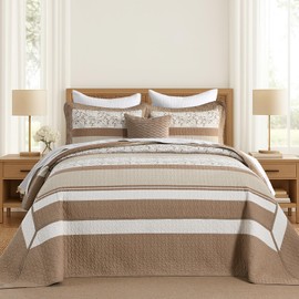 Quilta 100% Cotton Bedspread California King Size - 120"x120" Brown Stripe Quilt with Botanical Pattern, Lightweight Comforter, Textured and Luxurious Farmhouse Coverlet Bedding Set, Beige/Brown