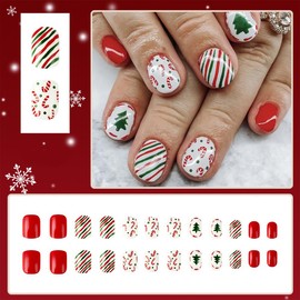 Christmas Cute Fake Nails Short Press on Nails Square Acrylic Nails Xmas Tree False Nails with Cane Candy Stripes Designs Glue on Nails Acrylic Stick on Nails for Women 24Pcs（Red Green White）