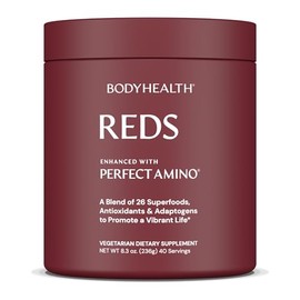 BodyHealth Rojos mejorados con PerfectAmino: batido diario de superalimentos en polvo con antioxidantes, adaptógenos, fitonutrientes, frutas, prebióticos, probióticos y fibra