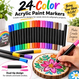 24-Color Acrylic Paint Markers for Art & Crafts – Dual-Tip Fine & Brush Pens for Stone, Wood & Calligraphy