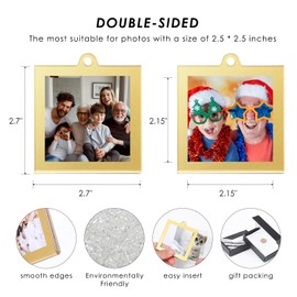 UNIQOOO 8 Pcs Christmas Acrylic Gold Photo Frame Ornaments for Display Picture, 2.5 x 2.5 inch Festive Hanging Decoration, Double-Sided Picture Frames for Holiday Season, Home, Party, Xmas Tree Decorations