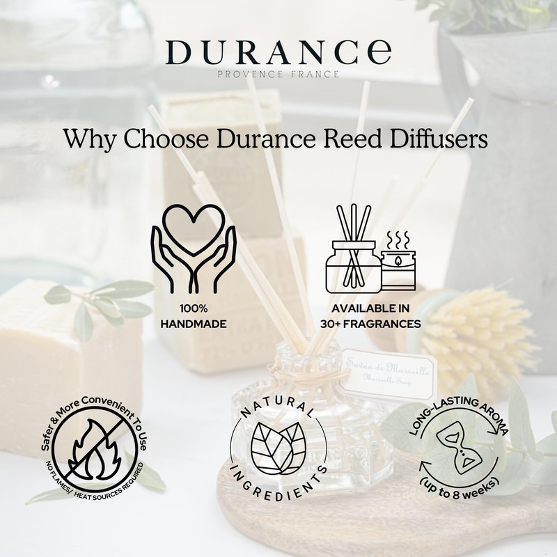 Durance Duftstäbchen, Duftstäbchen, 225 ml, Baumwollmoschus-Duft, Duftbouquet-Glasflasche & 8 Rattanstäbchen,