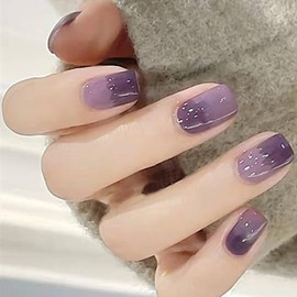 Square Press on Nails Ombre Purple Short Medium Fake Nails with Irregular Design, Press ons Artificial Acrylic Full Cover False Stick on Nail for Women Daily Wear Wedding Manicure 24Pcs