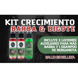 JYE Kit Tratamiento natural para el Crecimiento de Barba, Bigote y Cabello. Tratamietno natural anticaída. Incluye Loció Mas Barba y Shampoo de Bergamota