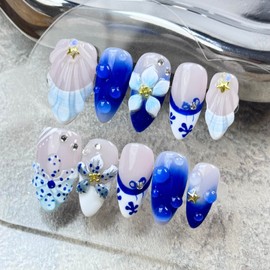 100% Handmade Press on Nails Medium Almond Handmade Nails with Rhinestone Flower Charm Design Blue False Nails Glossy Ombre French Tip Nail Press ons Reusable Fake Nails for Women Girls Size L 10Pcs
