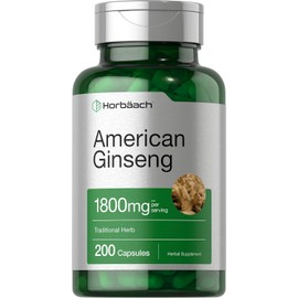 Horbäach American Ginseng Capsules | 1800 mg | 200 Count | Non-GMO, Gluten Free Supplement | Ginseng Root Extract Complex