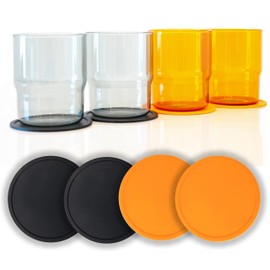 GA FE Set of 4 Glass Cups and Silicone Coasters, 12oz Drinking Glasses, Tough Borosilicate Glass, Light Weight, Stackable Design, Home and Bar, Cocktails, Iced Drinks, Coffee and Tea, Party Cups