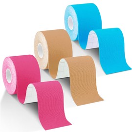 FAMTUPE Kinesiology Tape 3 Rolls (5cm x 5m) - Sports Tape Elastic Physio Muscle Support Tape for Exercise, Sports & Injury Recovery, Waterproof, Breathable & Latex Free (3 Rolls: Blue+Pink+Beige)