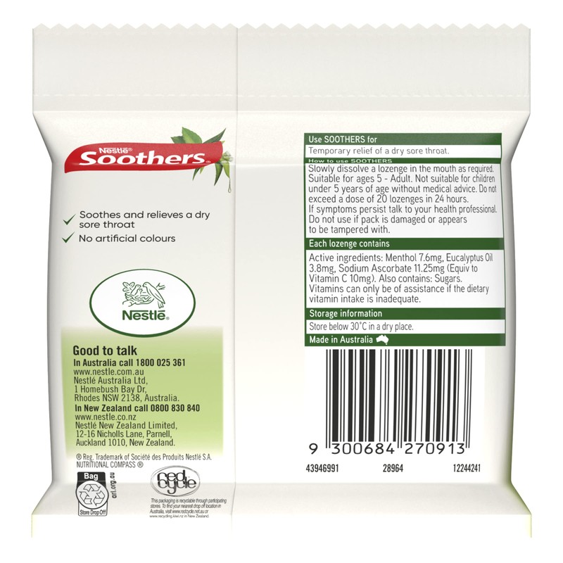 SOOTHERS Eucalyptus and Menthol Sore Throat Lozenges 30 Pack, 120g