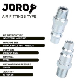 JOROY 3/8 High Flow Air Hose Fittings, Industrial M-Type Plug, 3/8 Inch High Flow Size, 1/4 Inch Male Threads Size, Steel Material, 300PSI, 10 Pieces Air Compressor Accessories