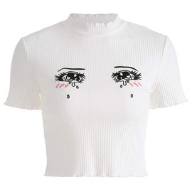 malianna Women Eyes Embroidery T-Shirts Harajuku Kawaii Short Sleeve Crop Tees White