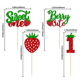 24Pcs Sweet One Cupcake Toppers Glitter First Birthday Strawberry Cupcake Picks for Fruit Baby Shower 1st Birthday Berry Sweet Cupcake Decorations Party Supplies Green
