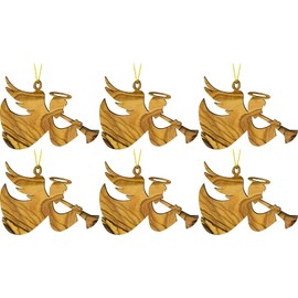 Angel & Trumpet Olive Wood Christmas Ornament from Israel, Bulk Pack of 6, Religious Ornaments Decoration, Wooden Hanging Seasonal Décor for Christmas Tree, Made in The Holy Land of Bethlehem