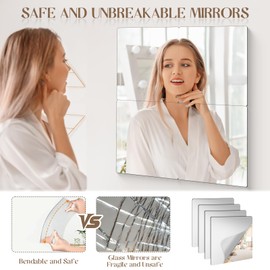 KBPNO 4 Pack Self Adhesive Acrylic Mirror, 8 x 8 Inch Frameless Shatterproof Stick on Mirrors for Wall, Flexible Plastic Wall Mirrors for Home Gym, Bedroom, Dressing Rooms, Kitchens,Offices