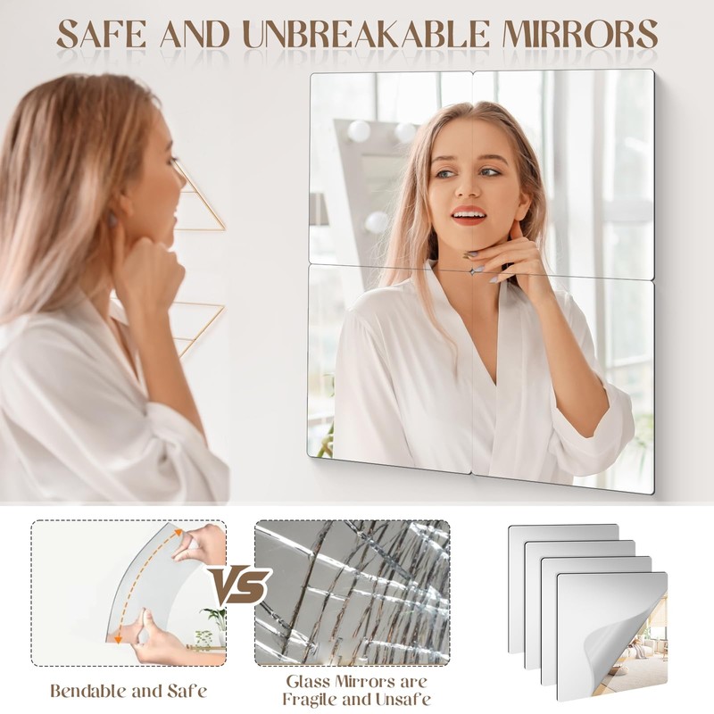 KBPNO 4 Pack Self Adhesive Acrylic Mirror, 8 x 8