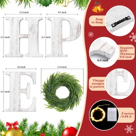 Winnerwhy Christmas Wall Decors Wood Hope Sign with 11.8 Inch Norfolk Pine Wreath Lighted Xmas Vintage Wooden Sign for Xmas Fireplace Living Room Home Door Entryway (White)