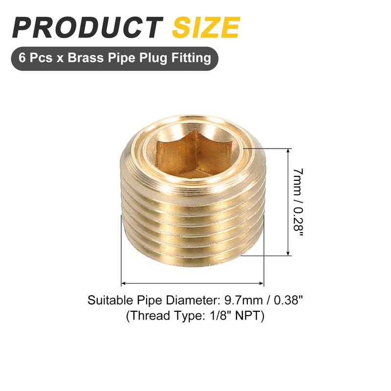 sourcing map 6Pcs Brass Pipe Plug Fitting, 1/8" NPT Male
