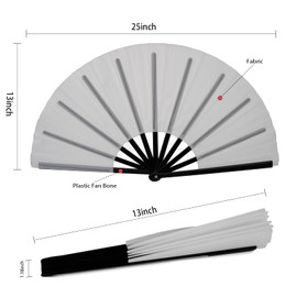 QIRMIZI Large Folding Hand Rave Fan - Nylon Cloth Fans-Vintage Retro Fans for Chinese Japanese Kung Fu, Tai Chi, Dance, Music Festivals, Parties, and Decorations,White