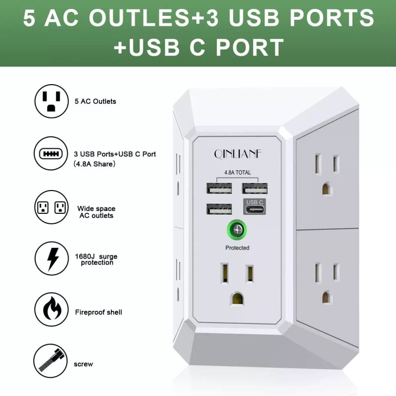 QINLIANF 5 Outlet Extender Surge Protector Multi Plug Wall Adapter