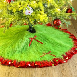 Hollowfly Red and Green Christmas Tree Skirt Furry Plush Lime Green Christmas Tree Skirts Whimsical Xmas Decorations Holiday Glittering Dot Mat Faux Round Carpet for Home Xmas Party Decor(60 Inch)