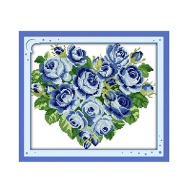 CaptainCrafts Cross Stitch Kits, Stamped Cross Stitch Prepainted Fabrics Corss Stitch DMC DIY Needlework Embroidery Kit for Adults Home Decor (Stamped, Blue Rose Flowers Heart)