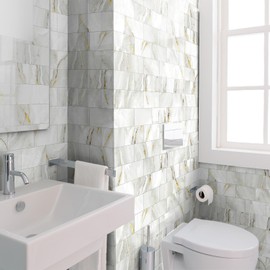 16-Pack Peel and Stick Backsplash Marble Wall Tiles, Waterproof 4" x 8" Glossy Imitation White Gold Marble, PVC Shower Wall Panels for Interior Wall Decor; Tile for Kitchen, Bathroom, and Fireplace