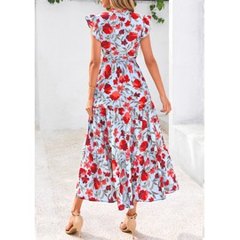 PRETTYGARDEN Women's 2025 Summer Floral Midi Dress Cap Sleeve V Neck Ruffle Long Flowy Boho Casual Beach Vacation Dresses (Floral Blue Red,XX-Large)