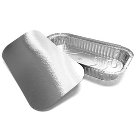 PACTOGO 3 lb. Oblong Aluminum Foil Entrée Take-Out Pan with Board Lid Disposable Containers 12.37" x 6.57" x 1.43" (Pack of 50 Sets)