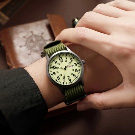 Men'S Outdoor Sports Watch Featuring an Analog Quartz Movement, Round Case, Green Nylon Band, 24-Hour MarkingsColor: Coffee Brown