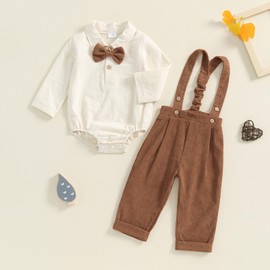 MAHUAOYIXI Newborn Baby Boy Gentleman Suit 0-24M Toddler Infant Boys Fall Winter Outfit Solid Color Long Sleeve Rompers With Bow Tie Shirts and Suspender Pants 2 Piece Clothes Set (Brown, 3-6 Months)