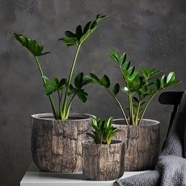 Yundu Concrete Planter Set of 3, 14.5 & 12.6 & 9.8 inch Plant Pot. Vintage Style Woodgrain Concrete Planter with Drainage Holes, Suitable for Home, Garden and Other Indoor and Outdoor décor