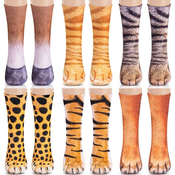 6 Pairs 3D Animal Paws Socks Novelty Animal Socks 3D Printed Paw Crew Socks