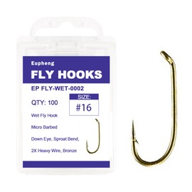 Eupheng Fly Fishing Hooks 100pc Pack Micro Barbed High Carbon Steel Bronze Forged for Dry Flies, Curved Nymphs, Shrimp,Caddis Pupa (#16, EP FLY-WET-0002)