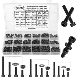 FandWay 900Pcs Bolts and Nuts Set,M2 M2.5 M3 Hex Socket Cap Head Machine Screws,DIN912 Allen Screws,12.9 Grade Alloy Steel Black Hex Bolts and Washers Set Fully Threaded With 3 Allen Key.