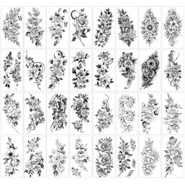 32pcs Black Rose Flower Temporary Tattoo Sticker For Women,Multiple Floral Pattern Designs(7.5X3.8 inch)