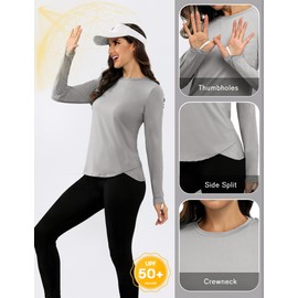 PINSPARK Running Shirts Womens SPF Protection Workout Tops Long Sleeve Hiking Rash Guard with Thumbholes, Grey Medium