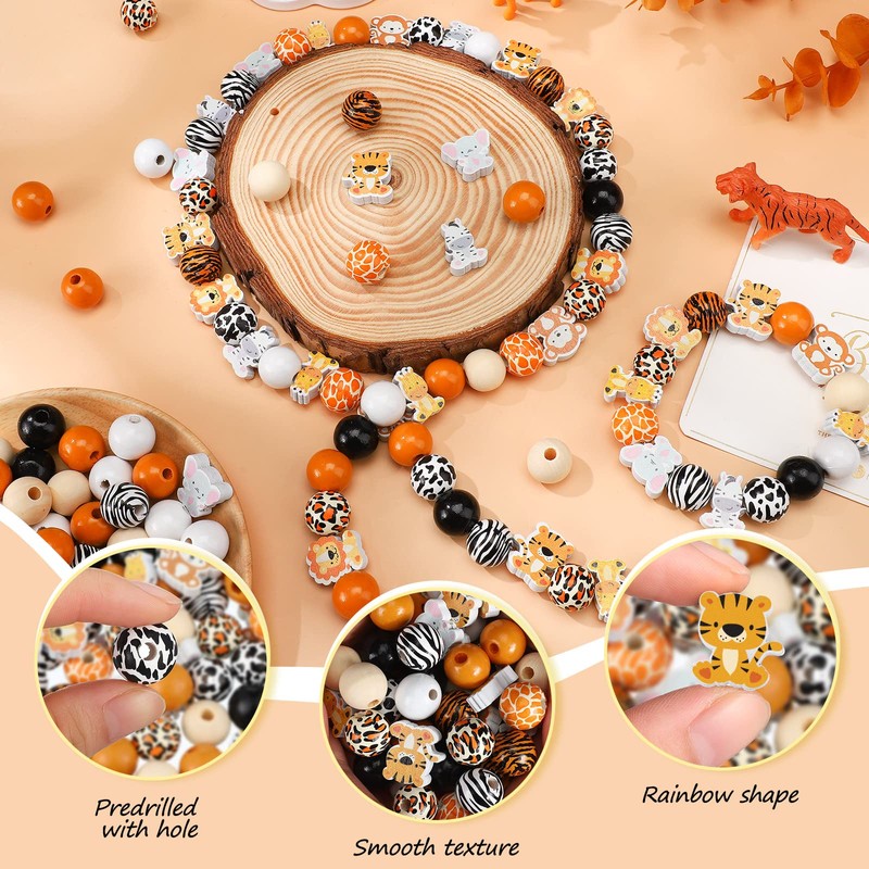 200 Pcs Cute Jungle Animals Wood Beads with Cow Leopard