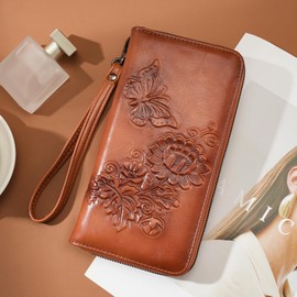 VIMUTI Womens Wallets Rfid Blocking Clutch Long Wallet for Women,Large Capacity Ladies Wallets with Card Slots and Phone Holder Embossed Flower Leather Travel Purse Wristlet Brown