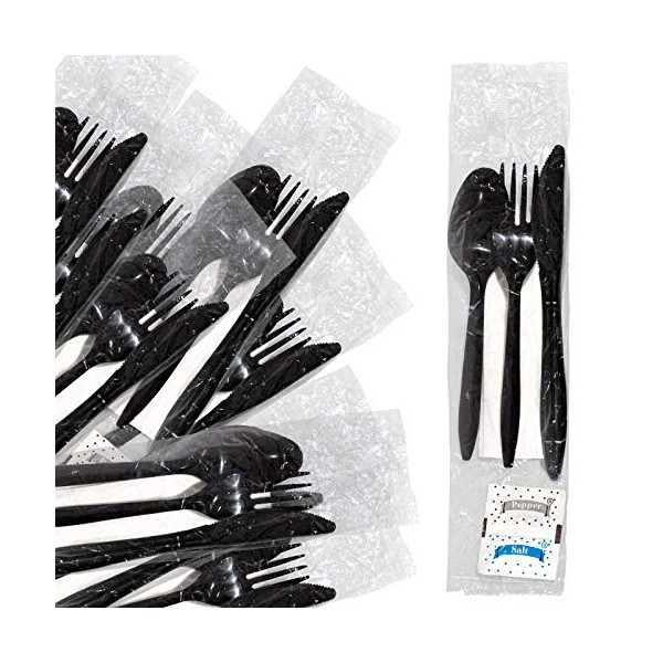 Stock Your Home Plastic Cutlery Packets with Salt & Pepper in Black (50 Count) - Wrapped Cutlery - Bulk Plastic Utensils Individually Wrapped for Take Out, Delivery, Cafeterias, Restaurants, Uber Eats