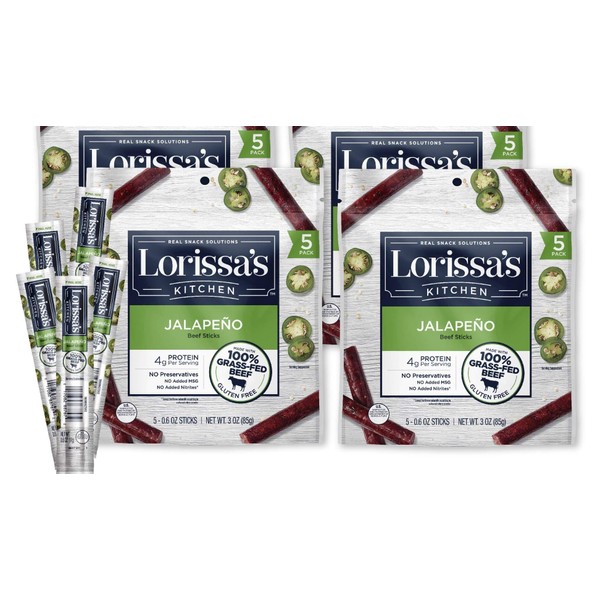 Lorissa's Kitchen Meat Snack Packs,Spicy Grass-Fed Beef Jerky Sticks,Jalapeno – Keto Friendly,4g of Protein,No Added Nitrites or Nitrates,Gluten Free Snacks,0.6 Oz (Pack of 20)