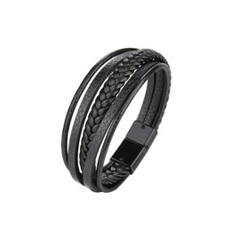 Leather Bracelet for Men Braided Multi-Layer Mens Wrap Bracelet (black-7.5in)