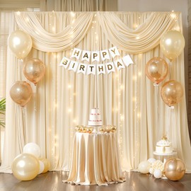 Wish Care 10x10ft Champagne Backdrop Curtains with Lights String for Parties Wrinkle Free Curtains Soft Fabric Photo Drapes for Wedding Birthday Baby Shower Photography Background 5x10ft, 2 Panels