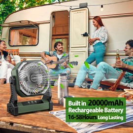 20000mAh Camping Fan, Rechargeable Battery Operated with 360° Rotatable Hook, 400 Lumes Light, 270° Pivot, 4 Speeds, 58Hrs Battery Powered Fan for Outdoor Tent Car Trip BBQ Hurricane Power Outages