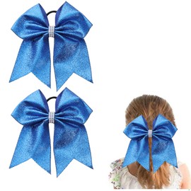 Glitter Blue Large Cheer bow, Hipcheer 8 Inch Large Jumbo Cheer Hair Bows Ponytail Holder Elastic Band Handmade for Cheerleaders Teen Girls College Sports (Glitter Blue)