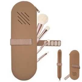 Noelen Gad Travel Makeup Brush Holder,Make Up Organizer Bag Case,Cosmetic pouch,Travel Organizer,Silicon Small Makeup Brush Purse Upgrade with Zipper (Brown)
