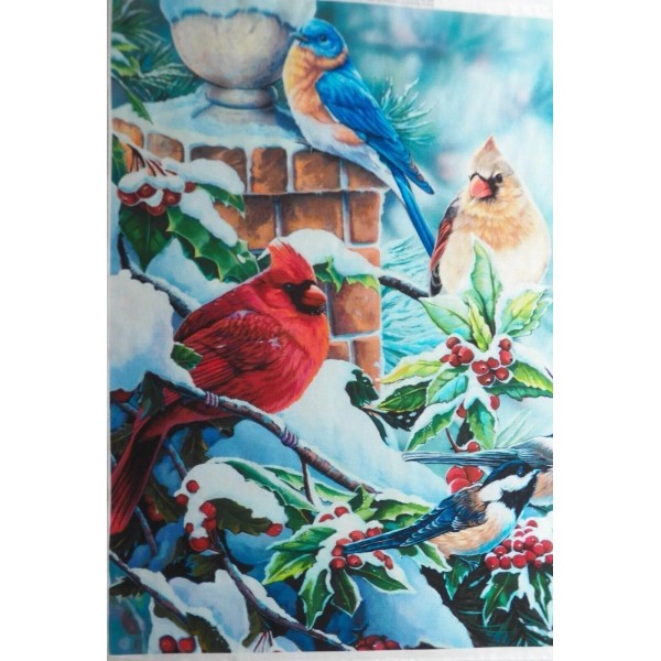 David Textiles Fabric Panel of Birds perched in a Snow-Covered