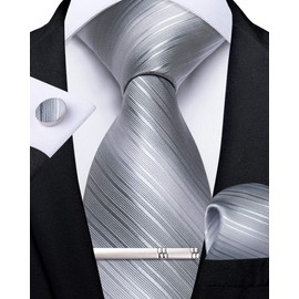 DiBanGu Men's Necktie, Handkerchief, Cufflink Tie, Tie Clip Set, Formal, School Entrance Ceremony, Business, Wedding, silvery grey