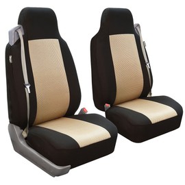 FH Group Universal Car Seat Covers Front Set High Back for SUV Truck Sedan Vans Zipper Designed Built-in Seatbelt - Washable Cloth Seat Cover Set High Back Front Protector Interior Upgrade - Beige
