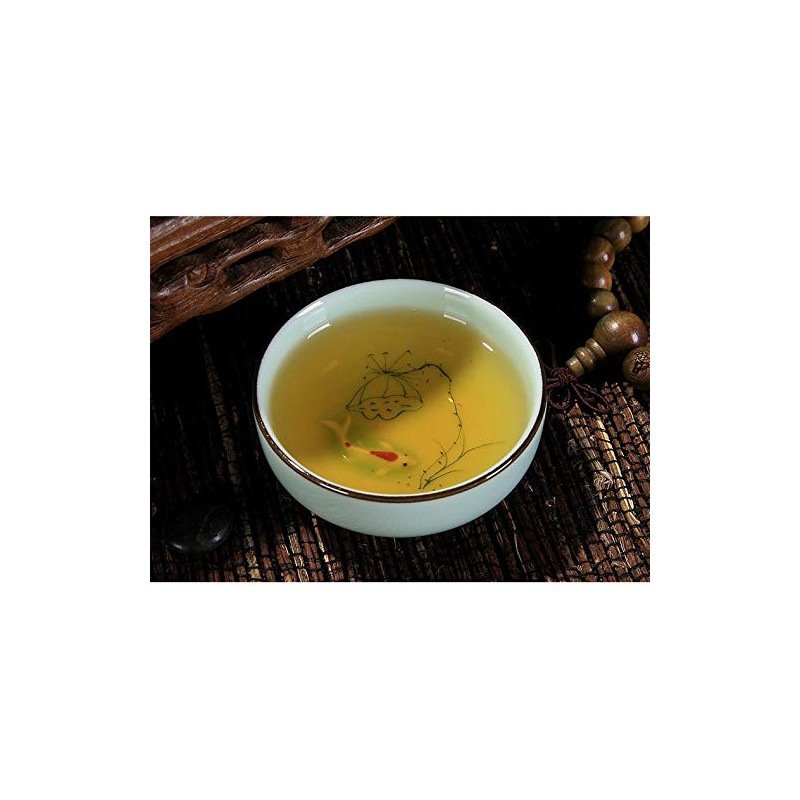 ZHAMS Hand Painted Kungfu Teacup,Chinese Long-Quan Celadon Teacup,Fishes and Lotus